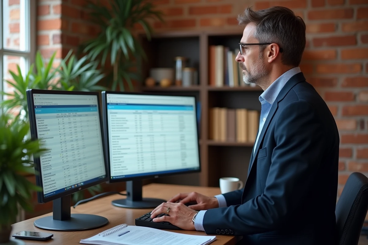 Investisseur immobilier analysant les frais de notaire pour une structure holding sur ordinateur