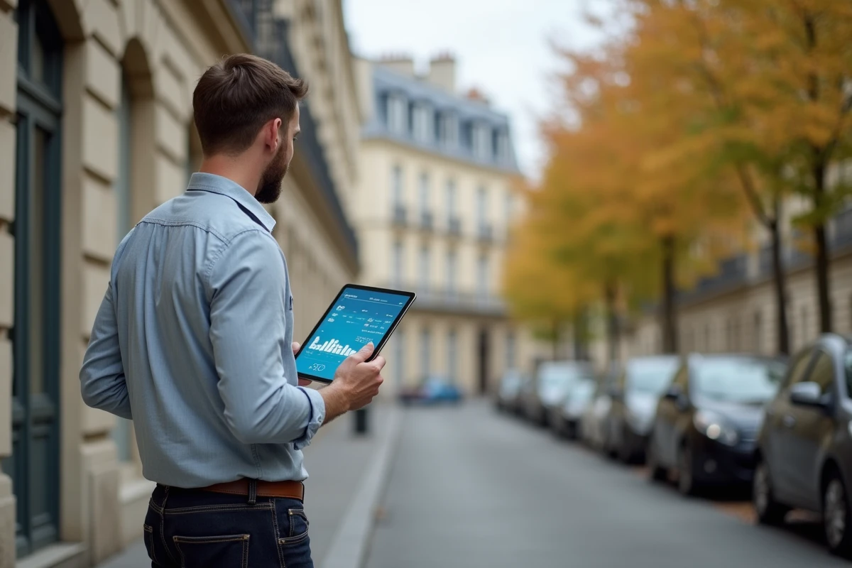 Investisseur immobilier consultant un logiciel d'estimation locative sur tablette devant un immeuble parisien