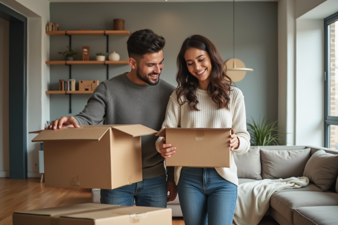 Jeune couple souriant en organisant des cartons de déménagement