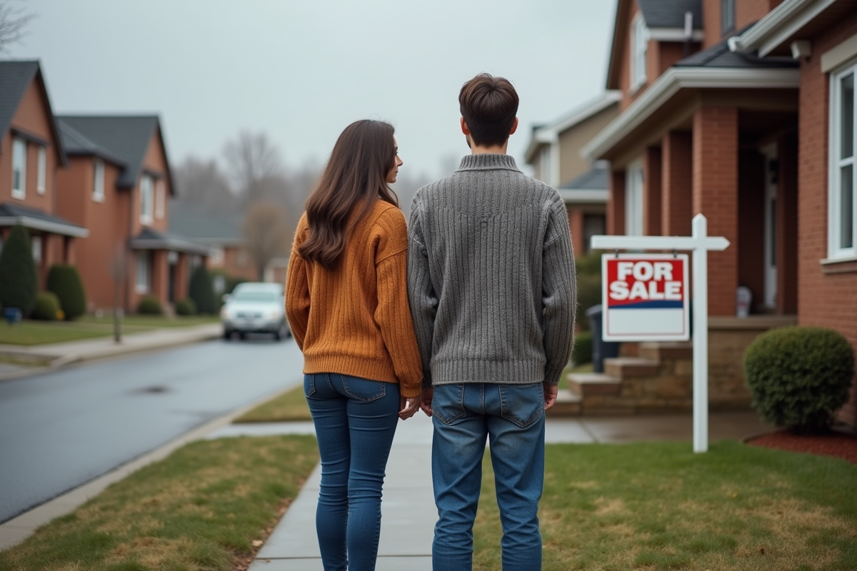 Jeune couple regardant une maison à vendre devant leur maison