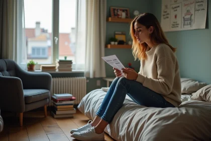 Jeune étudiante pensive vérifiant ses factures de loyer