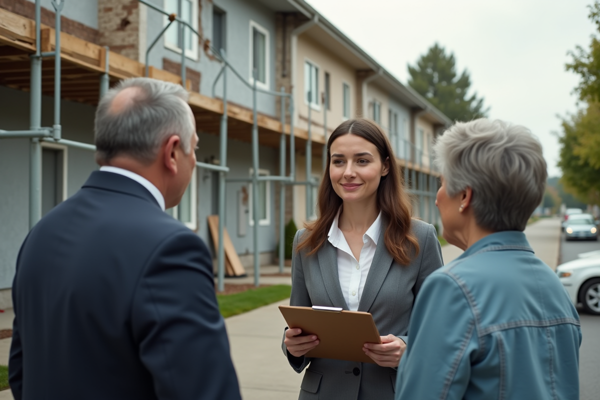 Jeune femme professionnelle parle avec un couple devant un bâtiment endommage