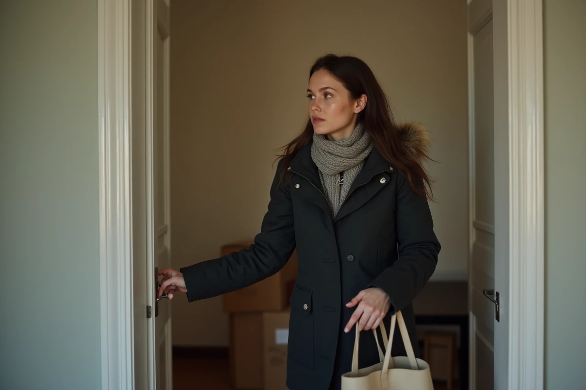 Jeune femme ouvrant la porte de son nouvel appartement