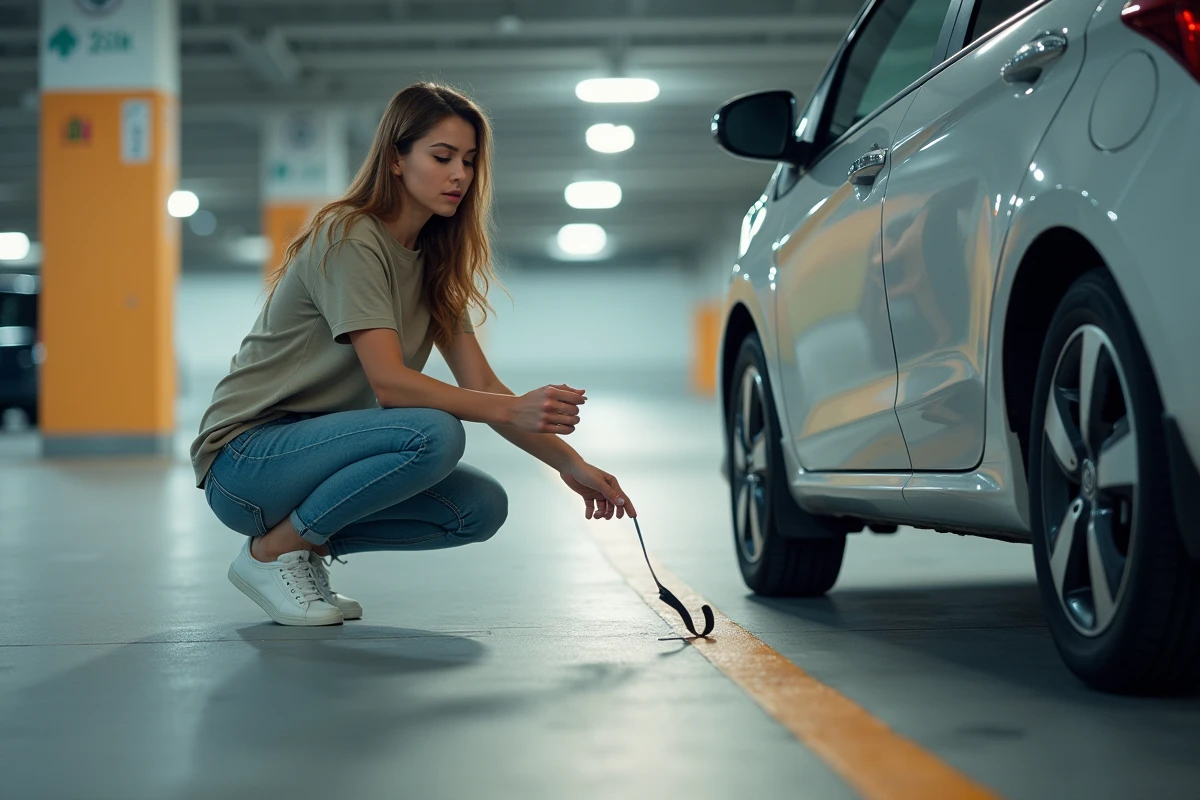 Jeune femme mesure une place de parking avec sa voiture