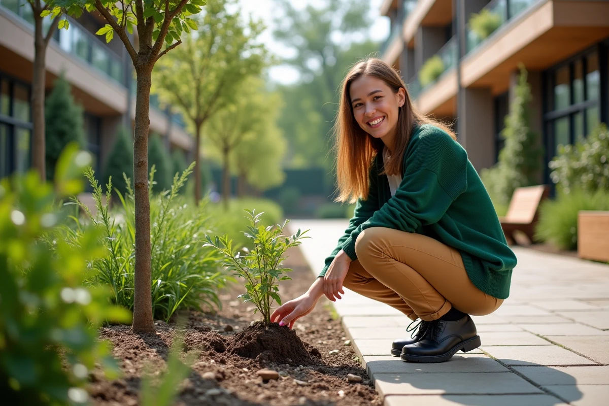 Jeune femme paysagiste inspectant un arbre dans la cour d