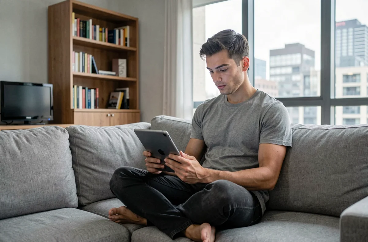 Jeune homme comparant des offres d'assurance habitation sur une tablette dans un appartement moderne