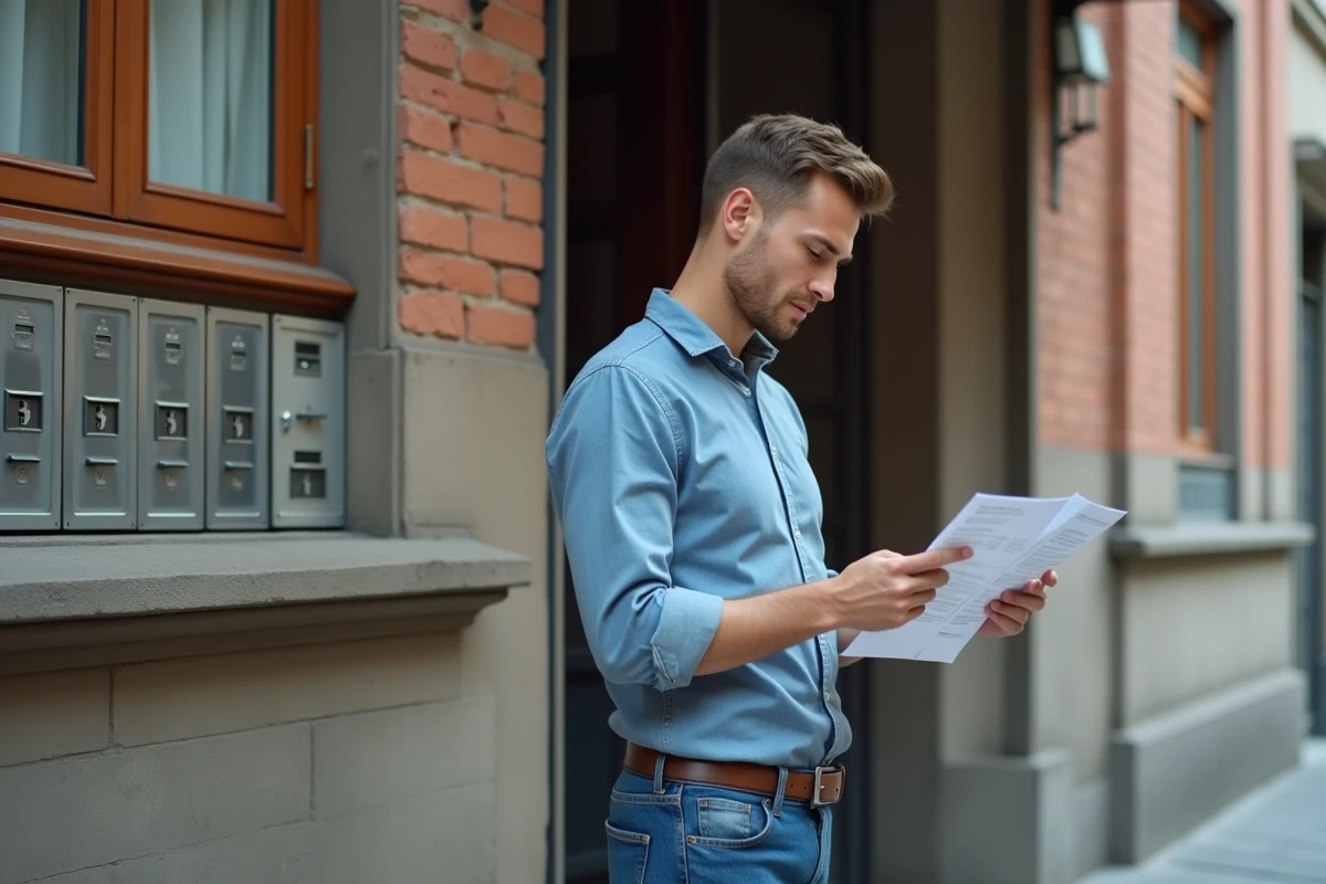 Jeune homme vérifiant un contrat de location dans la rue