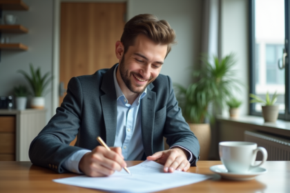 Jeune homme lisant un contrat de location dans un appartement moderne
