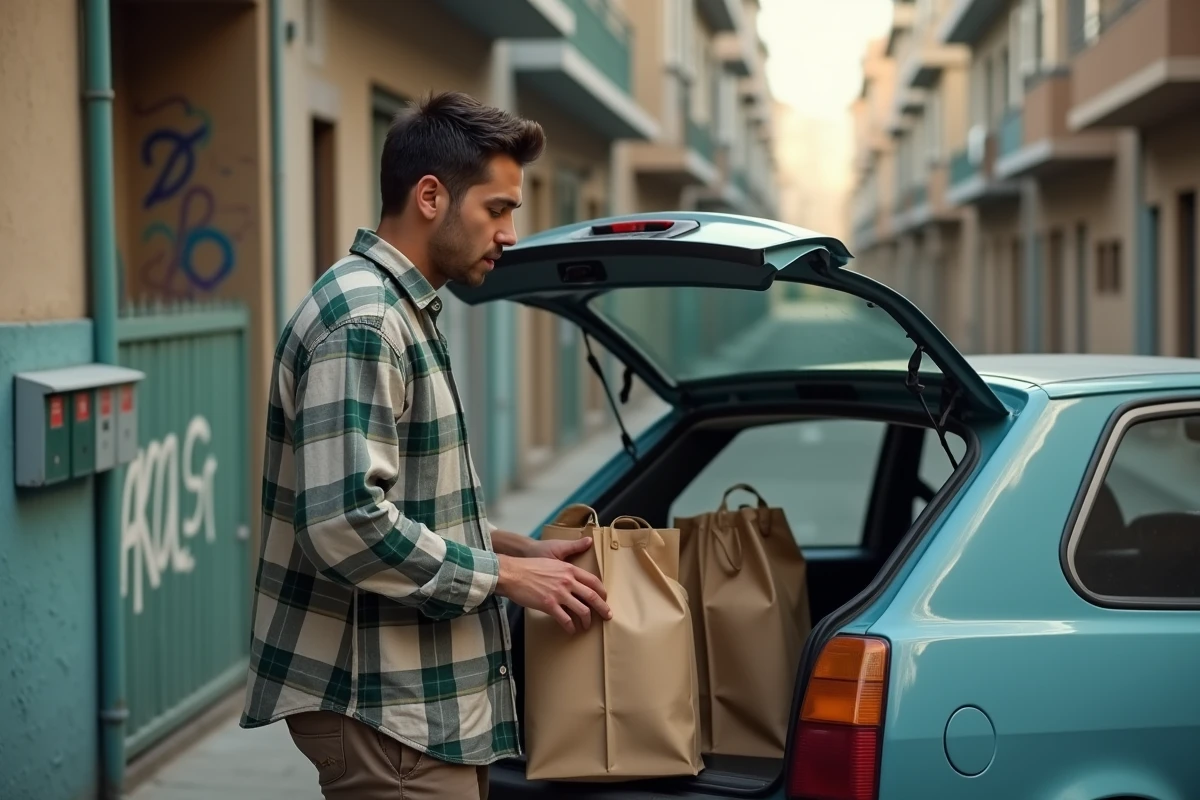 Jeune homme chargeant ses affaires dans une voiture dehors