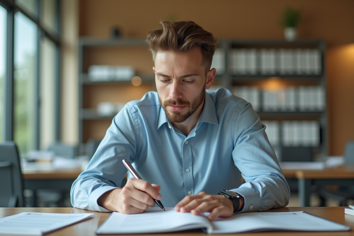 Jeune homme examine des listings de foreclosure au bureau