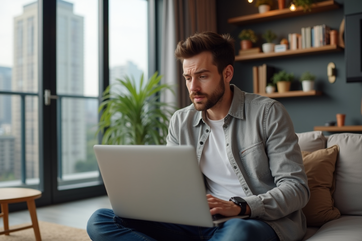Jeune homme curieux cherchant un appartement sur son laptop