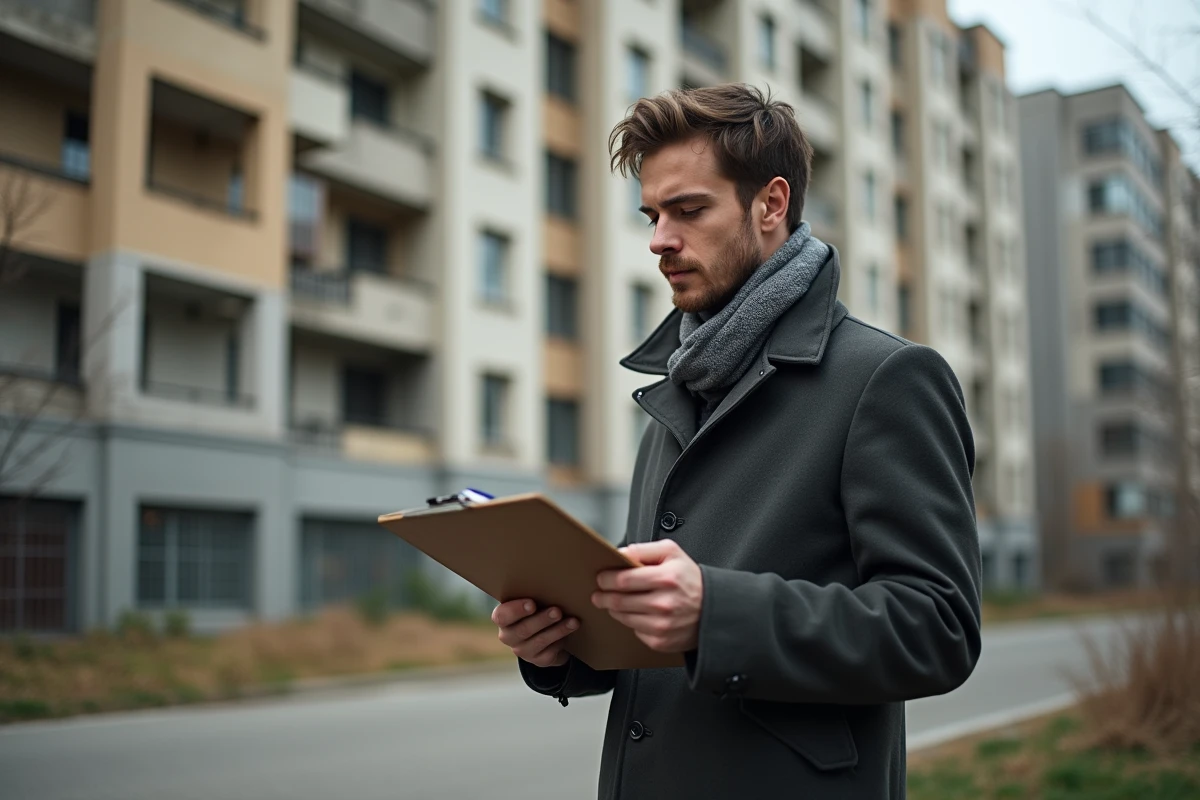 Jeune homme vérifiant une liste devant immeubles vacants