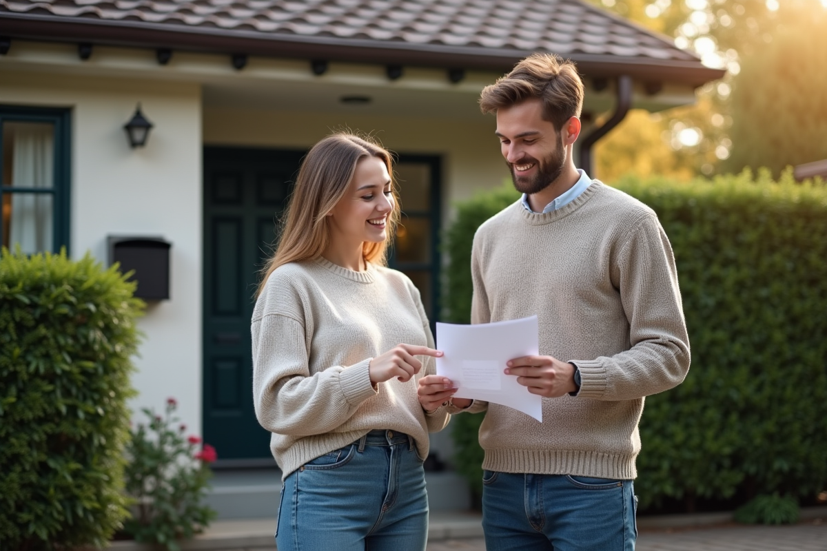 Jeune couple vérifiant des lettres d exemption fiscale devant leur maison