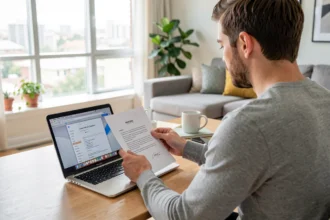 Locataire consultant un courrier de la CAF à son bureau