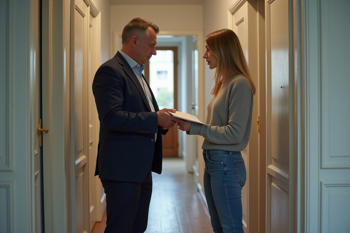 Propriétaire remettant un courrier à une locataire dans un couloir