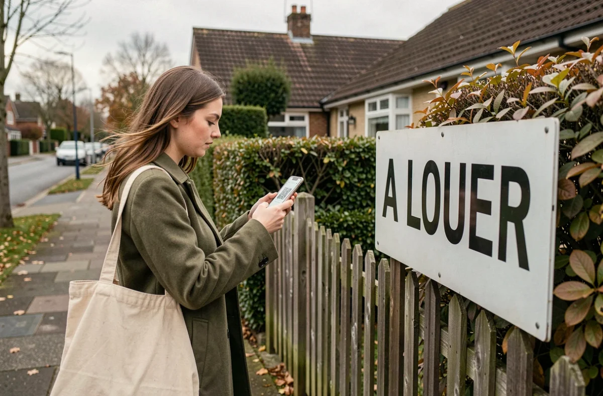Femme scannant le QR code d'un panneau A Louer avec son smartphone devant une maison en location