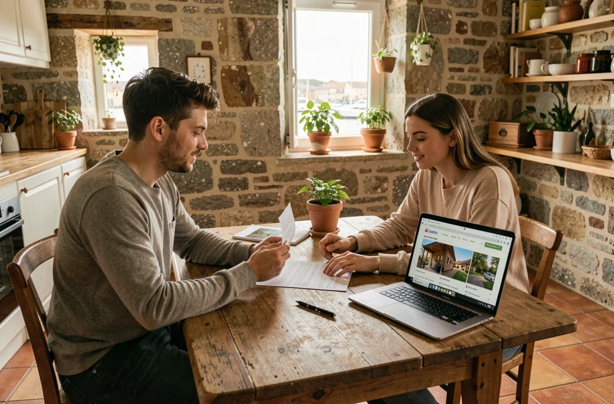 Couple examinant un contrat de location entre particuliers dans un appartement typique de Concarneau