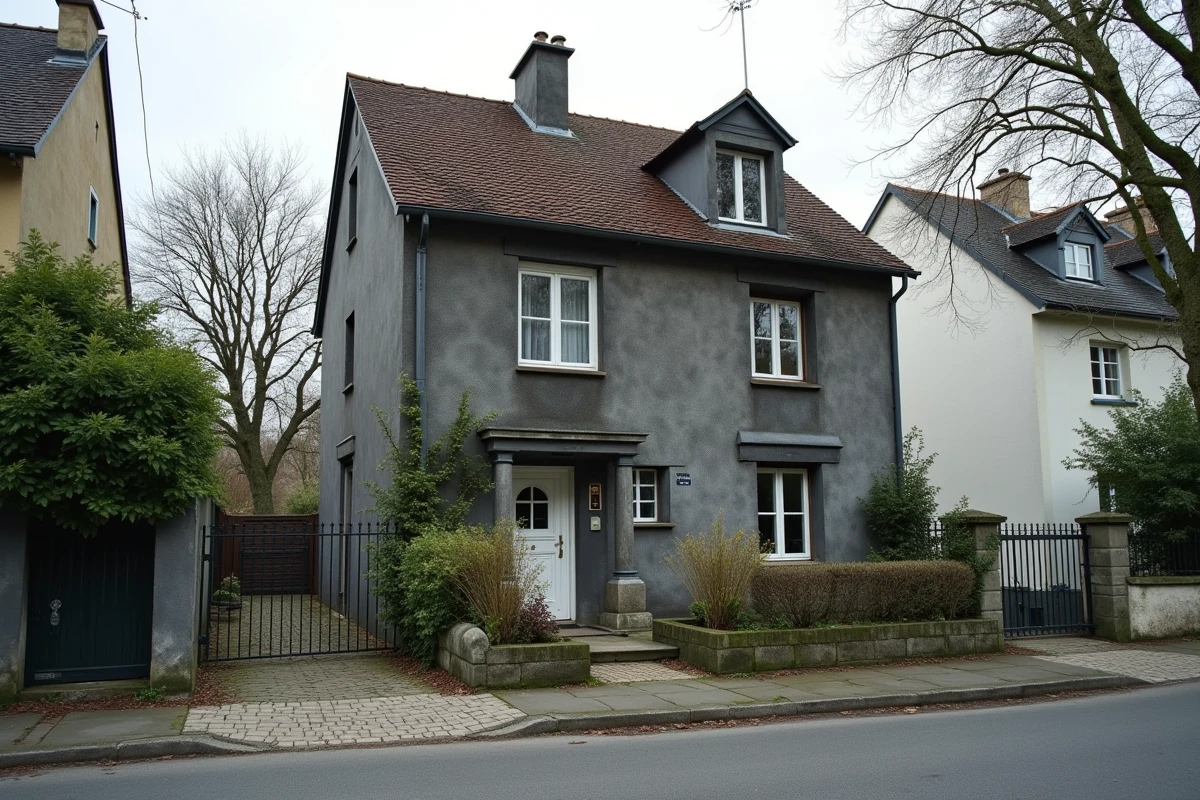 Vue extérieure d'une maison ancienne en mâchefer dans un quartier pavillonnaire français, contrastant avec une construction moderne en parpaing voisine