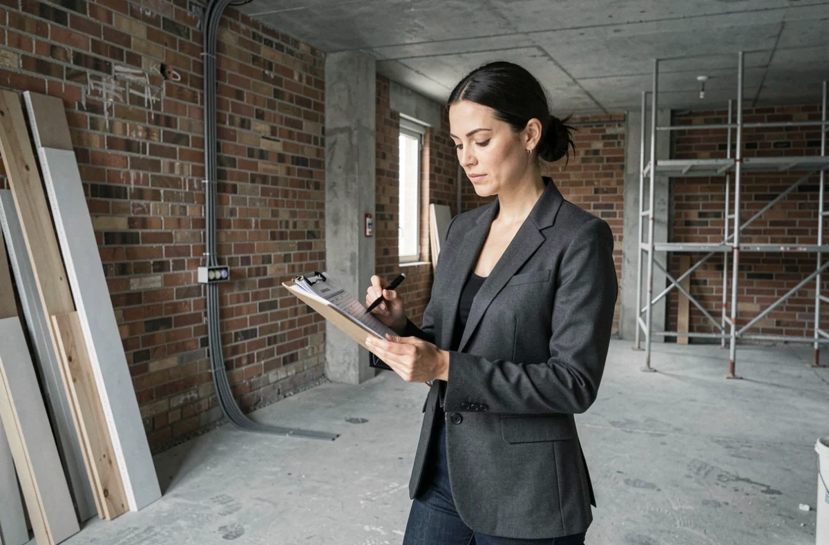 Marchand de biens féminin analysant les coûts de rénovation dans un appartement en chantier