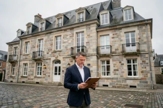 Gestionnaire de copropriété devant un immeuble en pierre bretonne à Vannes, Morbihan, illustrant le classement des meilleurs syndics