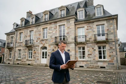 Gestionnaire de copropriété devant un immeuble en pierre bretonne à Vannes, Morbihan, illustrant le classement des meilleurs syndics