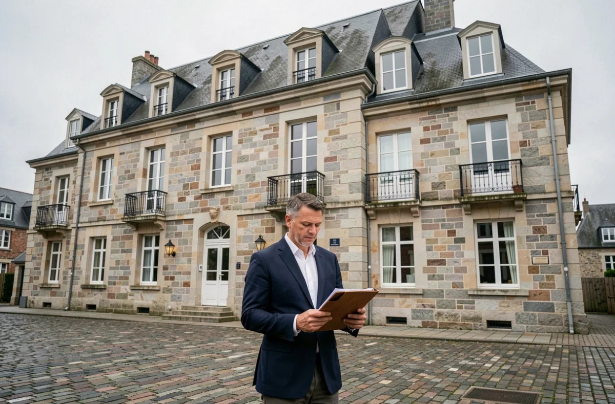 Gestionnaire de copropriété devant un immeuble en pierre bretonne à Vannes, Morbihan, illustrant le classement des meilleurs syndics
