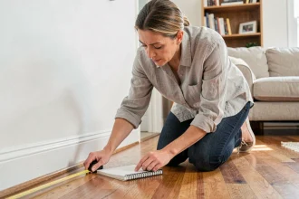 Femme mesurant la superficie d'un salon avec un mètre ruban posé sur le parquet, prenant des notes dans un carnet