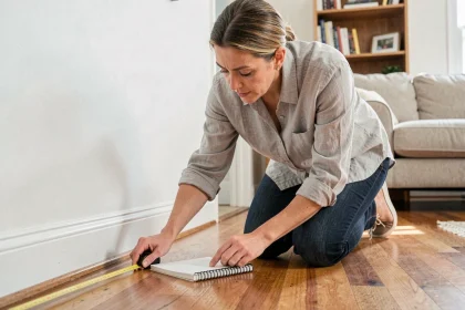 Femme mesurant la superficie d'un salon avec un mètre ruban posé sur le parquet, prenant des notes dans un carnet