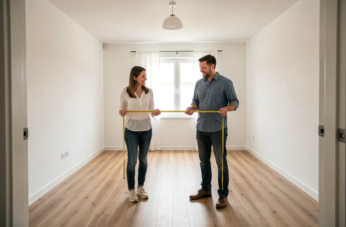Couple mesurant la largeur d'une chambre vide avec un mètre ruban pour calculer la superficie en m²