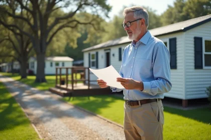 Homme examinant des documents administratifs devant un mobil-home installé sur un terrain privé résidentiel
