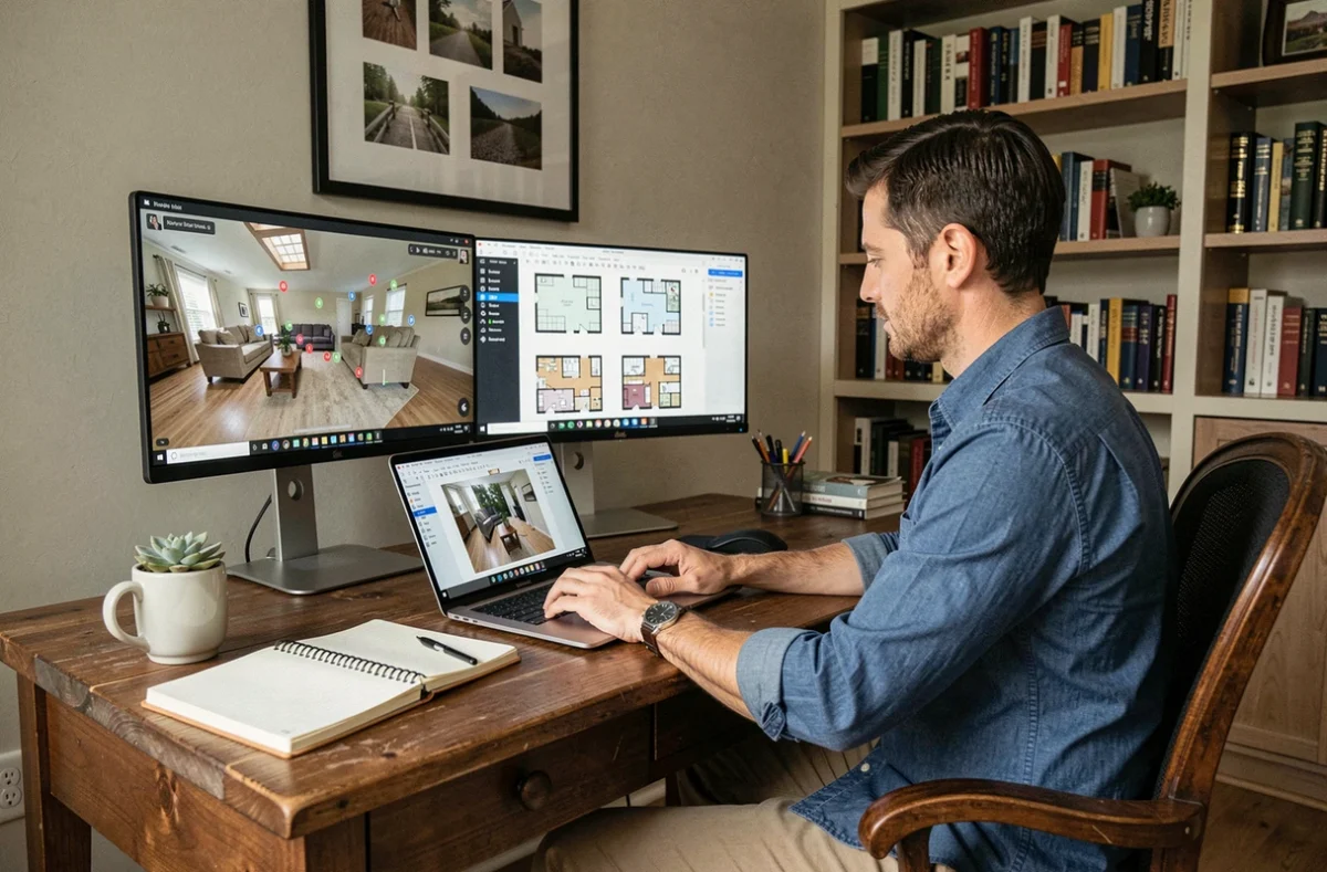 Homme en train de monter et éditer une visite virtuelle de maison sur ordinateur