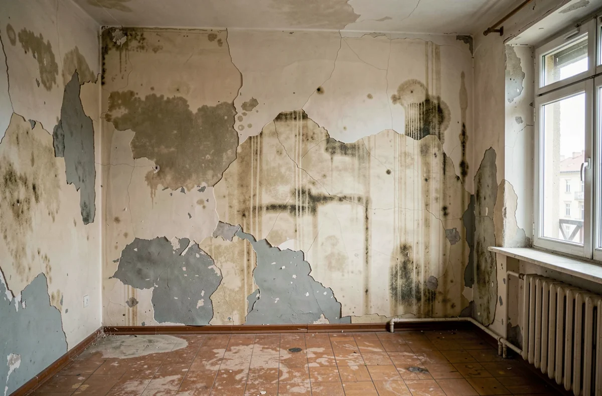 Mur de salon dégradé par l'humidité dans un logement ancien