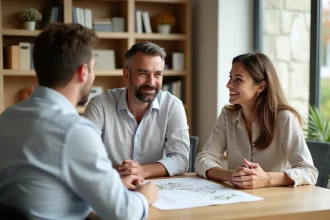 Couple négociant l'achat d'une parcelle en PRL avec un agent immobilier autour de documents officiels