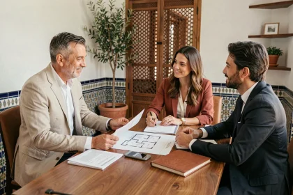 Agent immobilier marocain négociant la vente d'un appartement à Marrakech avec un couple d'investisseurs étrangers dans un bureau moderne aux accents traditionnels