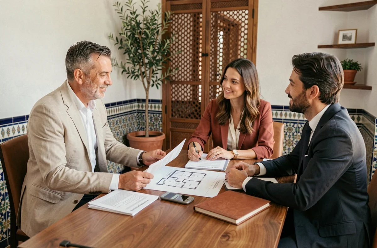 Agent immobilier marocain négociant la vente d'un appartement à Marrakech avec un couple d'investisseurs étrangers dans un bureau moderne aux accents traditionnels