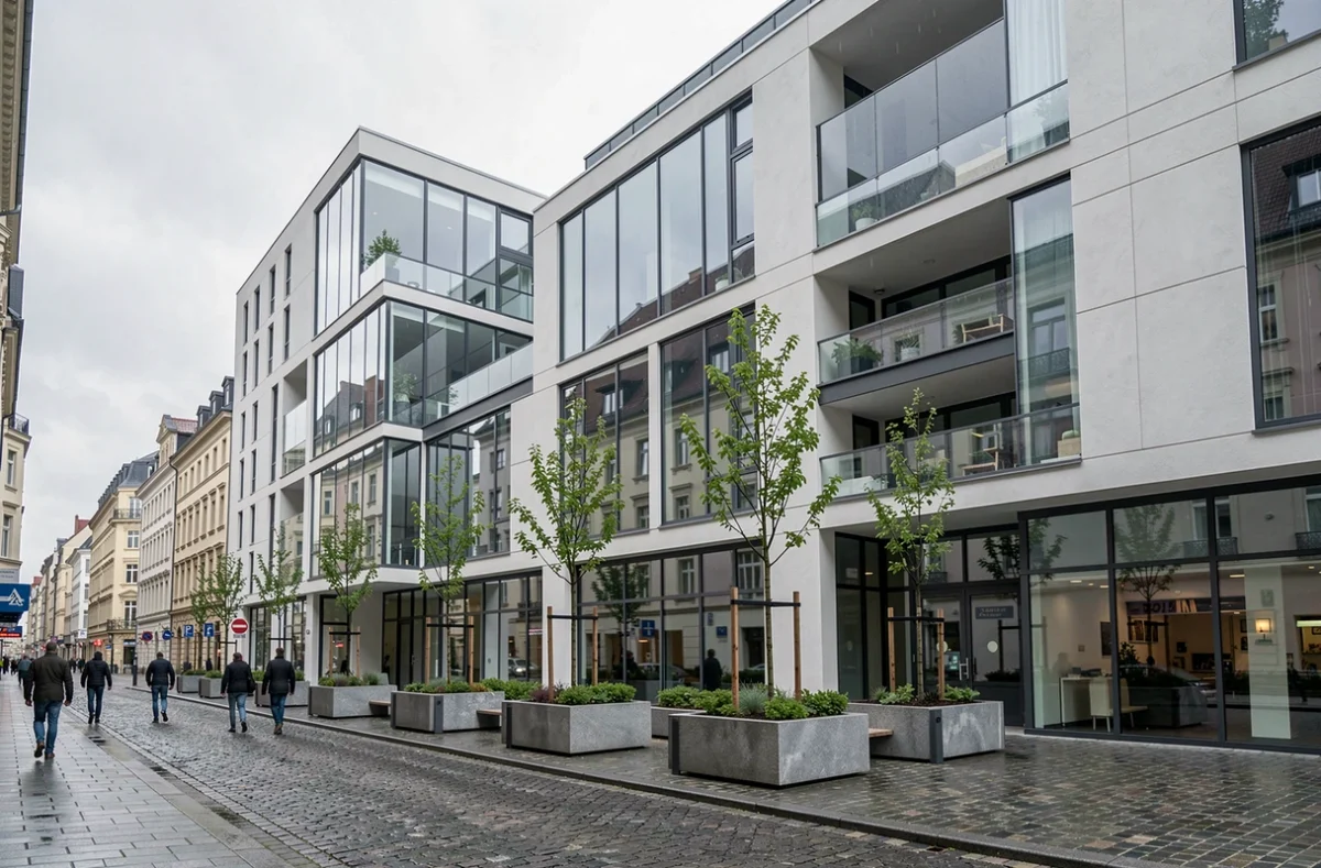 Immeuble résidentiel contemporain Nexity avec balcons vitrés et jardin paysager en centre-ville de Moselle