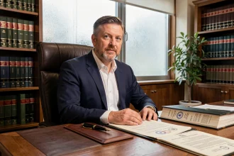 Notaire assis à son bureau avec des documents officiels liés à une transaction immobilière de marchand de biens