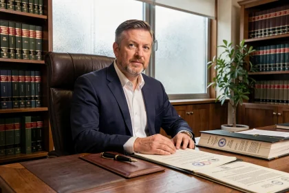 Notaire assis à son bureau avec des documents officiels liés à une transaction immobilière de marchand de biens