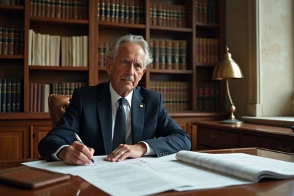 Notaire assis à son bureau examinant des documents d'estimation immobilière pour une succession
