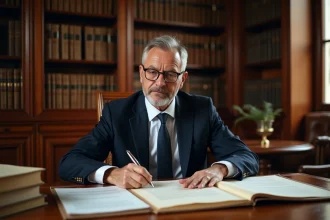 Notaire examinant des documents juridiques pour une holding immobilière dans un bureau traditionnel