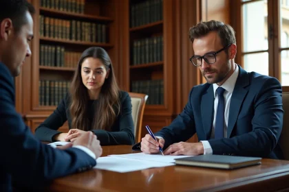 Notaire en costume examinant un document avec un couple à Limoges