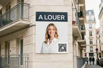 Panneau A Louer professionnel avec photo d'agent immobilier et QR code sur façade d'immeuble moderne