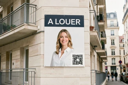 Panneau A Louer professionnel avec photo d'agent immobilier et QR code sur façade d'immeuble moderne