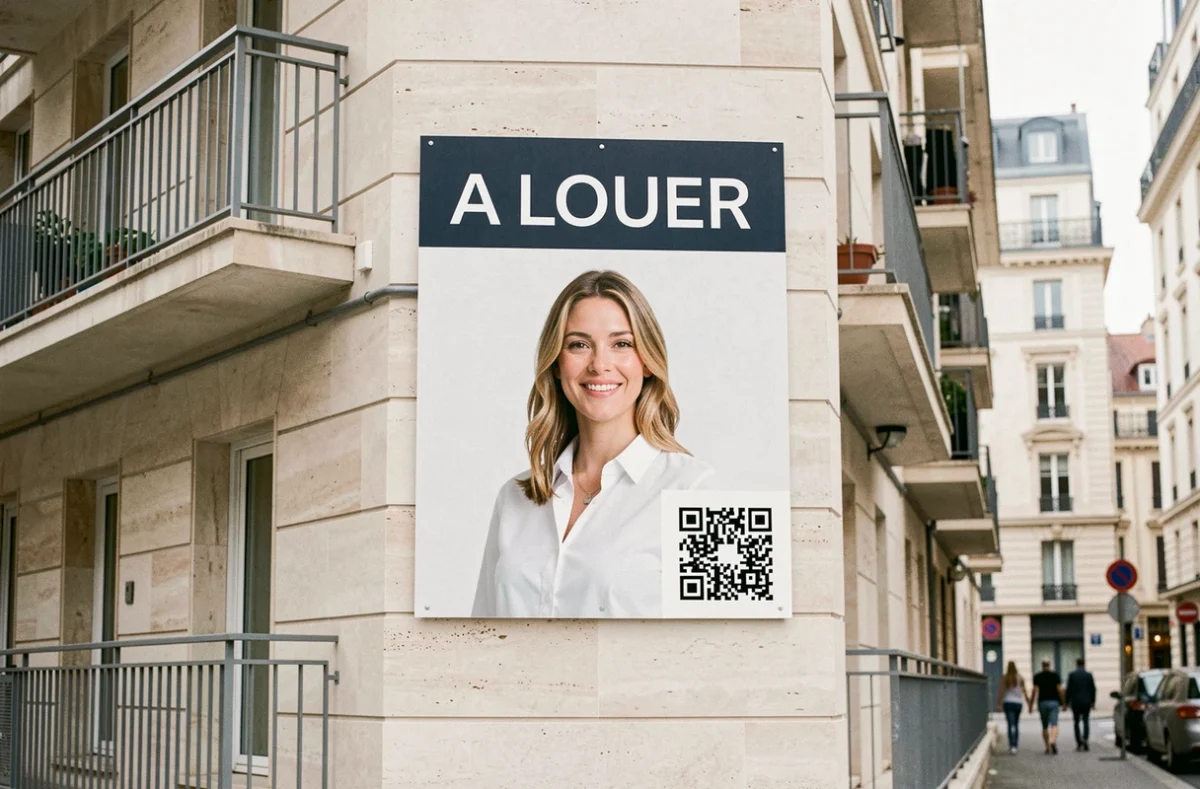 Panneau A Louer professionnel avec photo d'agent immobilier et QR code sur façade d'immeuble moderne
