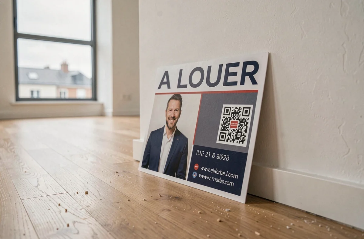 Gros plan d'un panneau A Louer avec QR code et photo d'agent posé contre un mur blanc dans un appartement vide