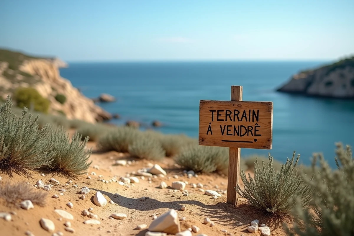 Panneau terrain à vendre planté dans un terrain côtier méditerranéen avec vue sur la mer et falaises rocheuses