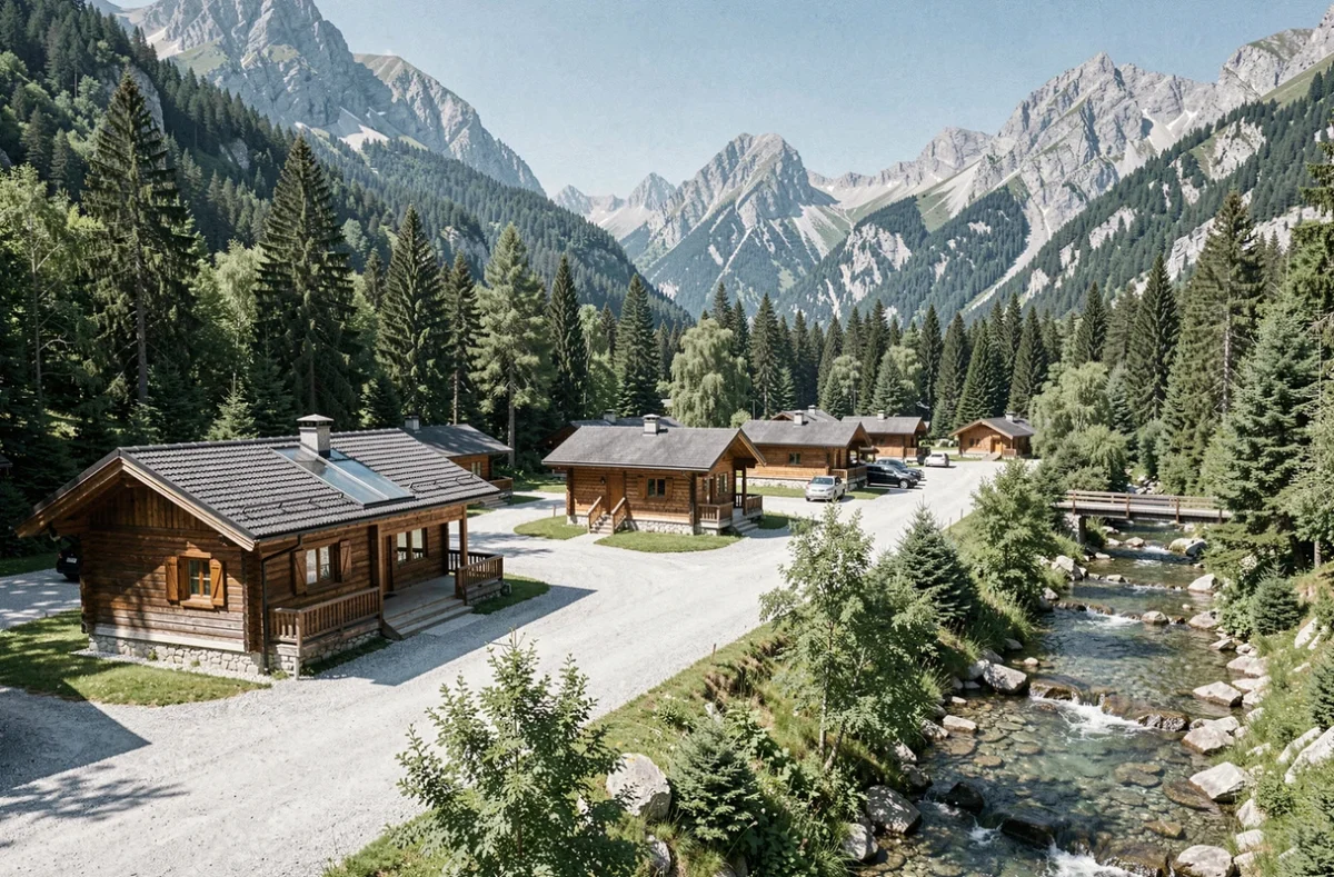 Parc résidentiel de loisirs avec plusieurs chalets PRL en bois organisés dans une vallée de montagne verdoyante
