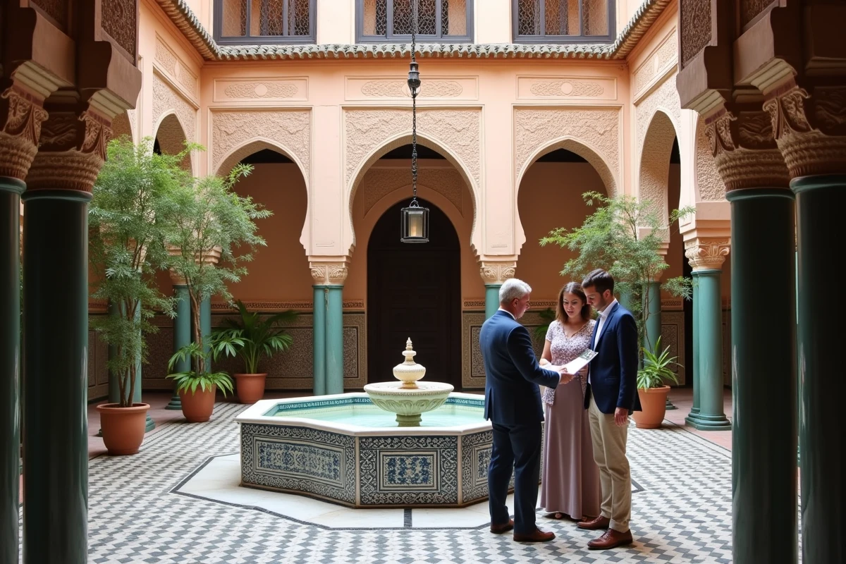 Patio intérieur d'un riad à vendre près de la médina de Marrakech avec fontaine en zellige et arcades sculptées