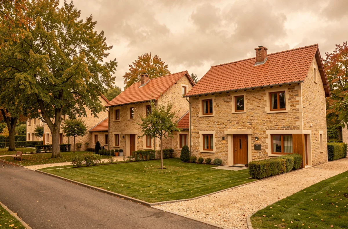 Lotissement pavillonaire de Pierres et Territoires de France Est avec maisons en pierre traditionnelle lorraine