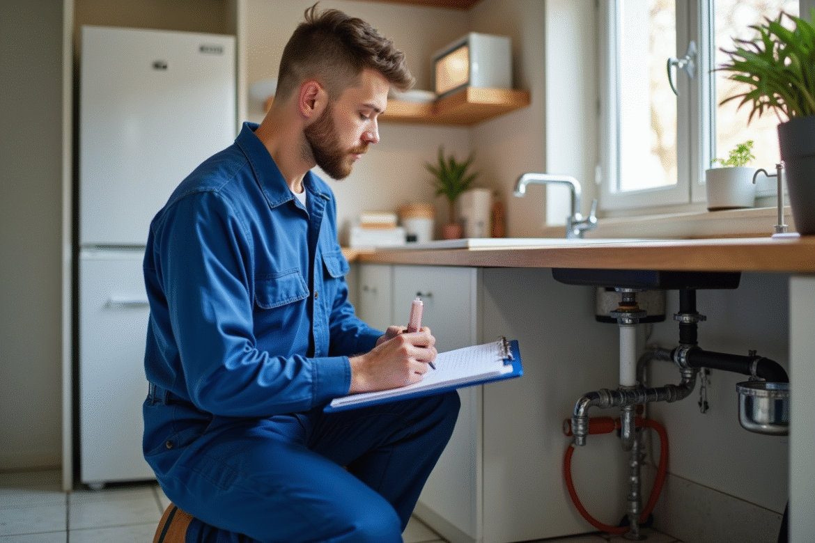 Plombier homme en bleu examine tuyaux cuisine